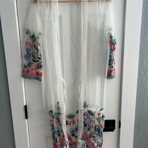 Sheer Embroidered Duster with Colorful Floral Trim/ Pool Coverup